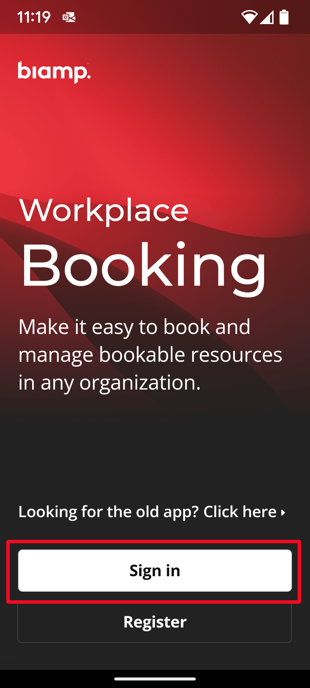 Workplace Booking mobile app sign-in screen.